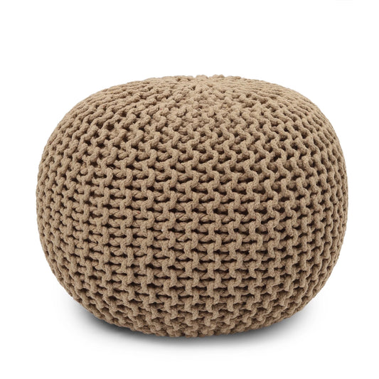 round Pouf Ottoman - Hand Knitted Cable Boho Poof Home Décor Pouffe Circular Footrest for Living Room - Bedroom - Lounge - 100% Cotton (19.5"X19.5"X14") - Beige